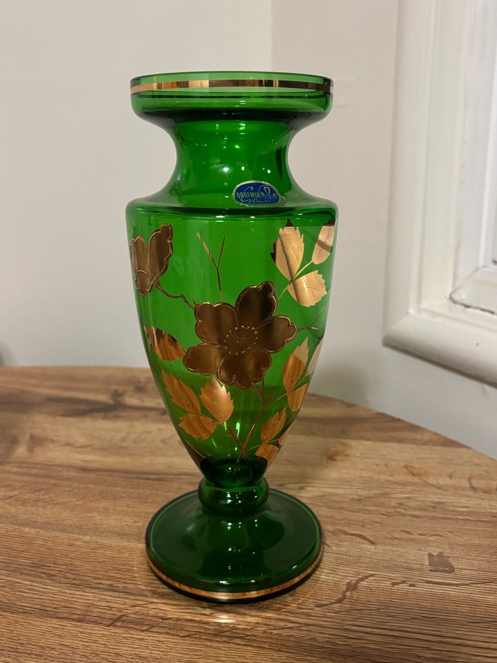 Bohemia Emerald Green Glass Vase Gold Gilt Floral Accents 10.75” Czech